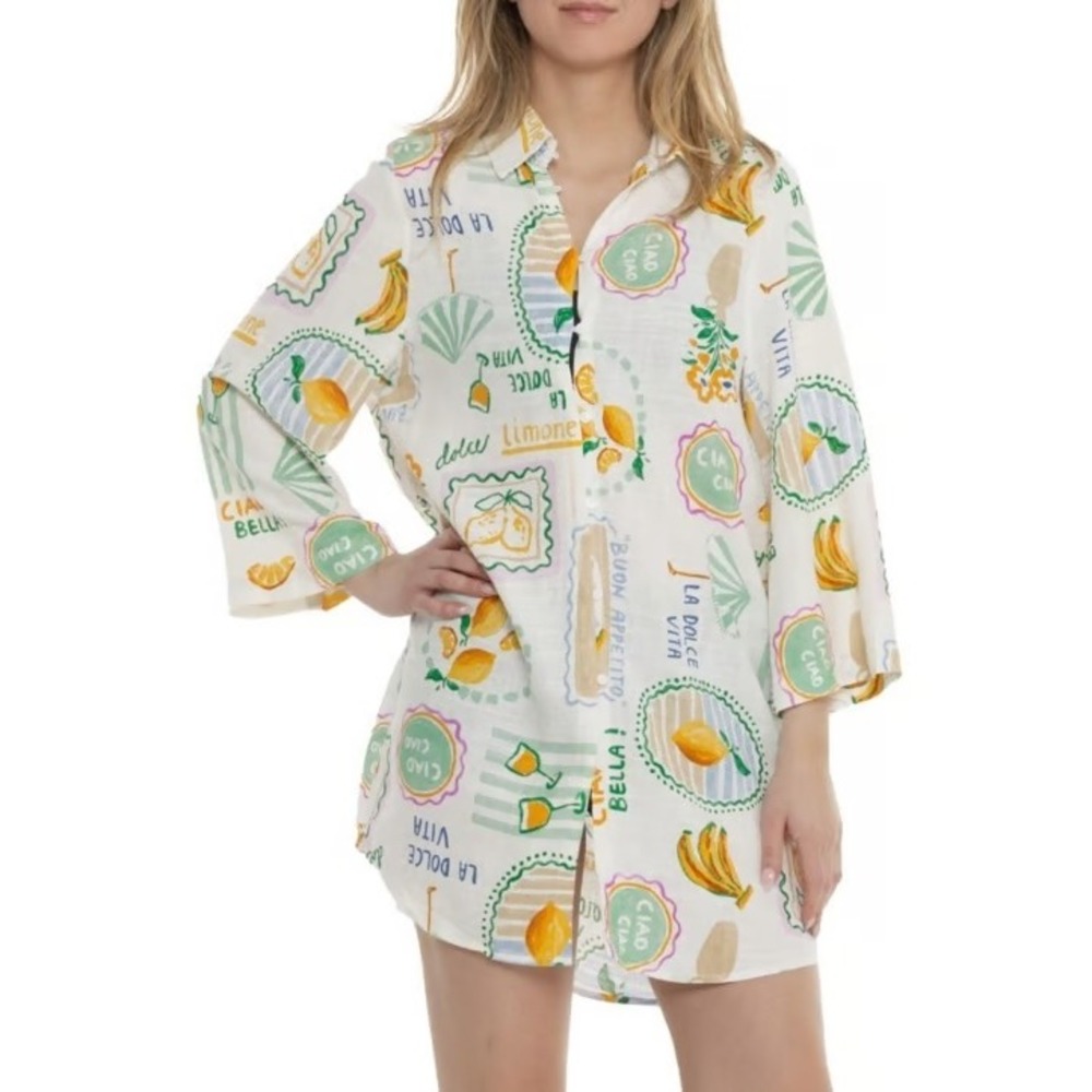 Label of Love La Dolce Vita Lemon Fruit Print Linen Blend Shirt Dress Size Large